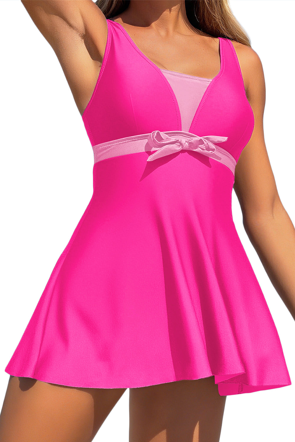 Blue Floral Print Patchwork Bow Knot Detail Sleeveless Swim Dress