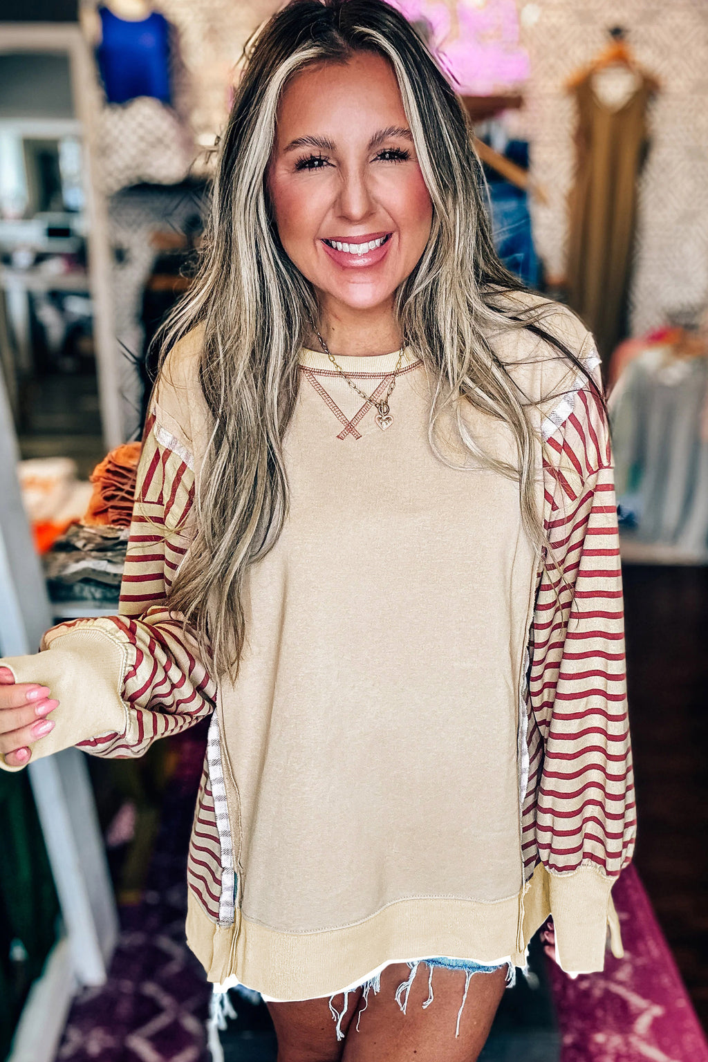 Red Stripe Sleeve Patchwork Casual Knit Top