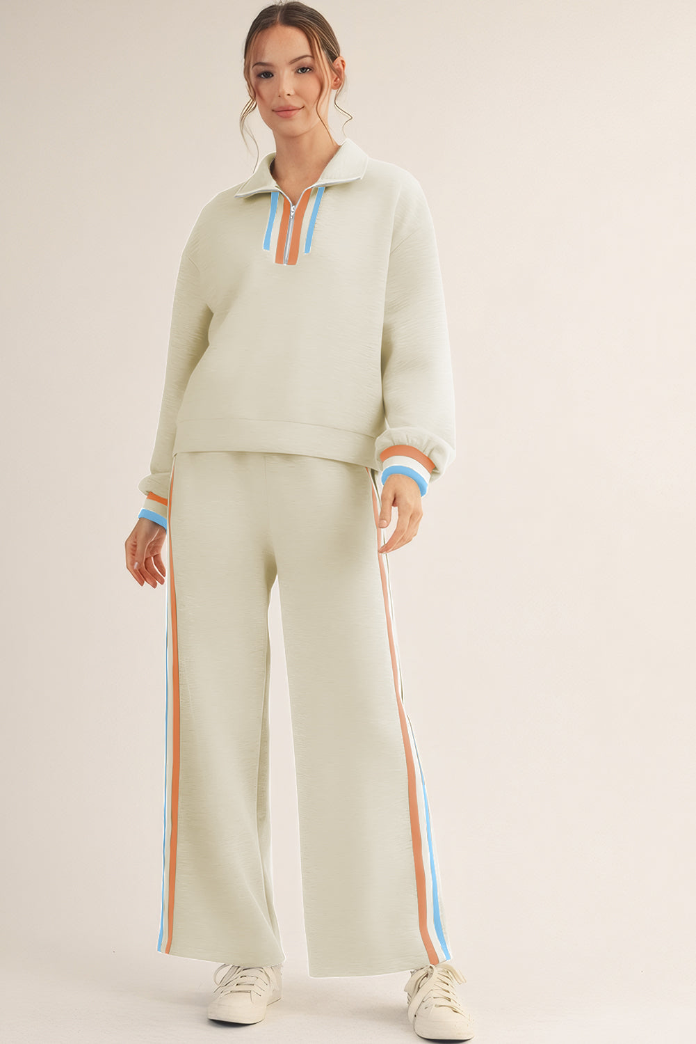 Apricot Striped Patchwork Quarter Zip Pullover Loose Pants Set