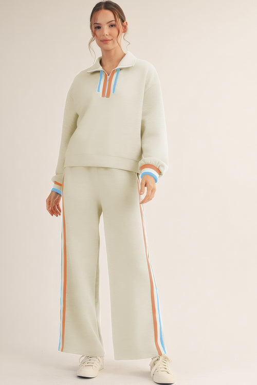 Apricot Striped Patchwork Quarter Zip Pullover Loose Pants Set