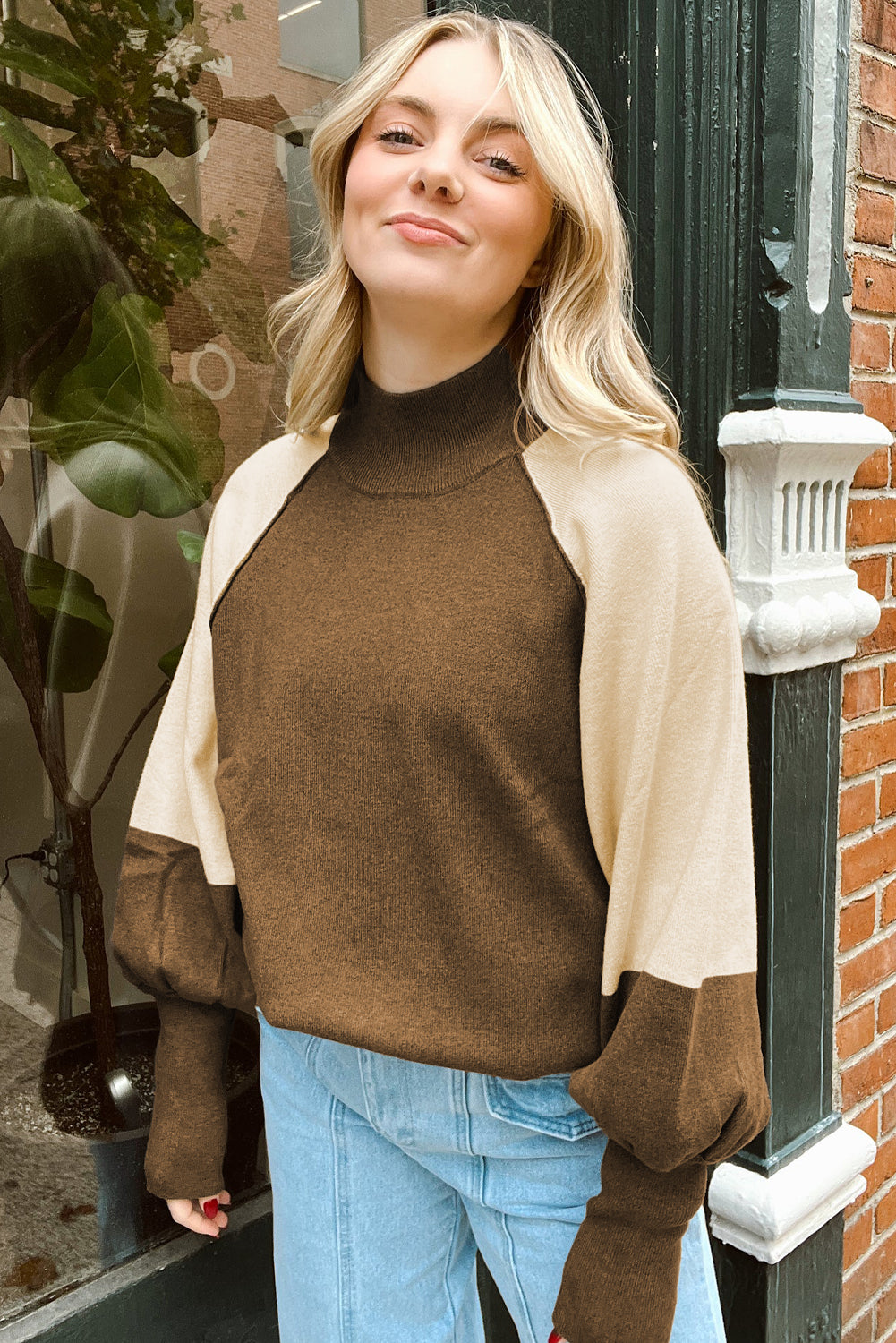 Desert Palm Colorblock Raglan Puff Sleeve Mock Neck Sweater