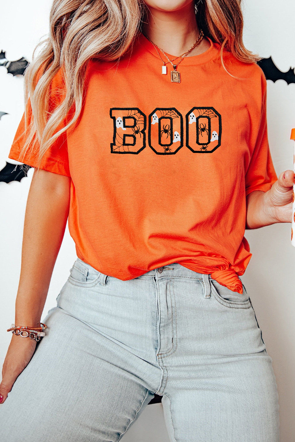 Orange BOO Halloween Ghost Sipder Embroidered Graphic Tee