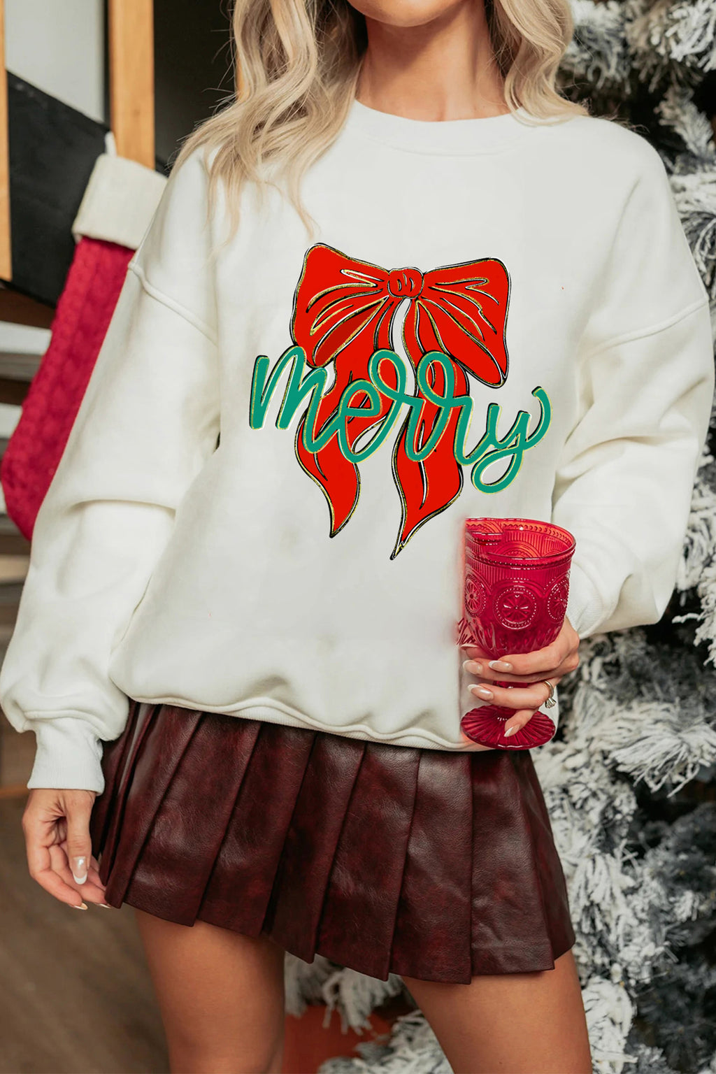 White merry Festive Bow Print Drop Shoulder Loose Pullover Sweatshirt