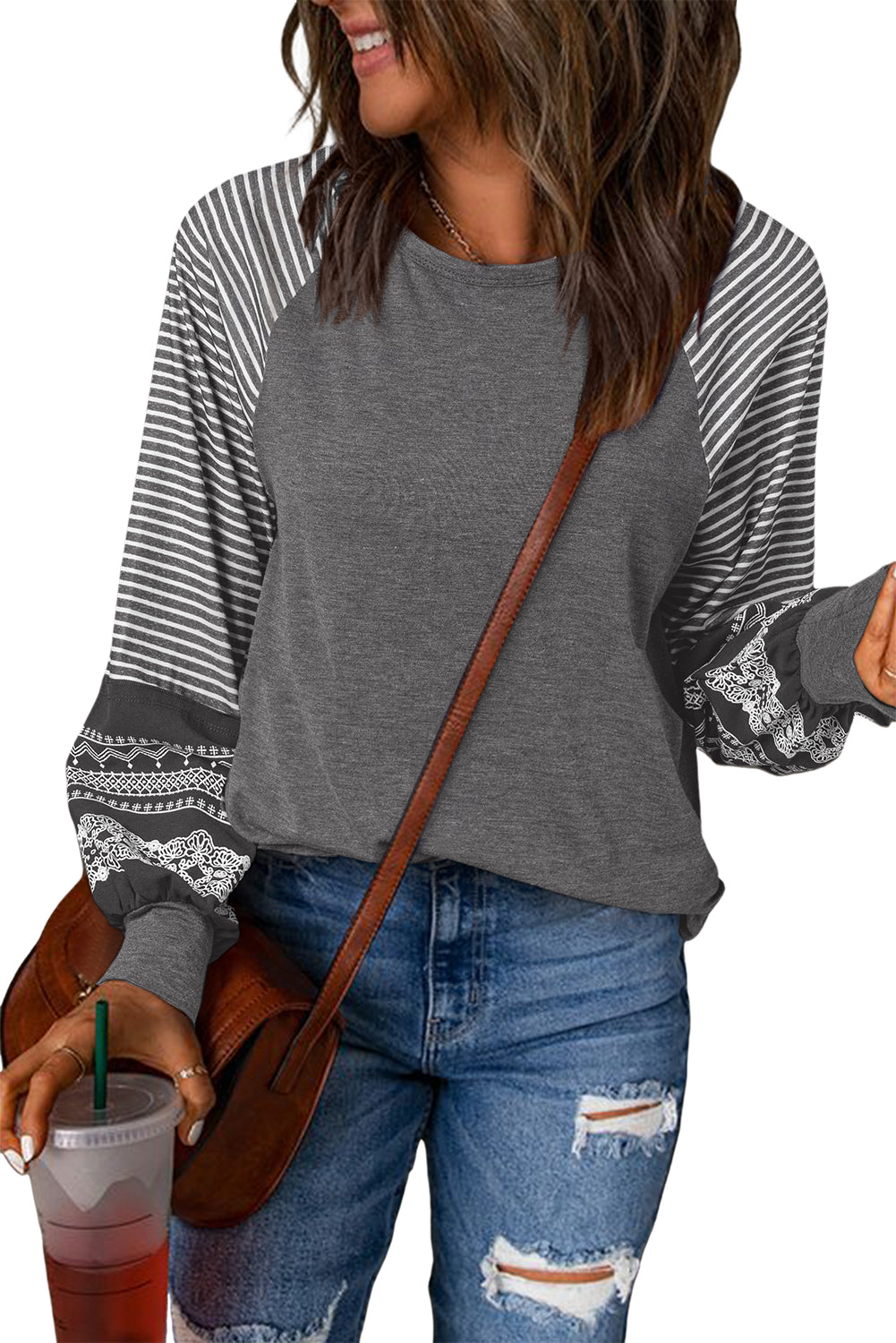 Medium Grey Contrast Print Striped Raglan Long Sleeve Loose Top