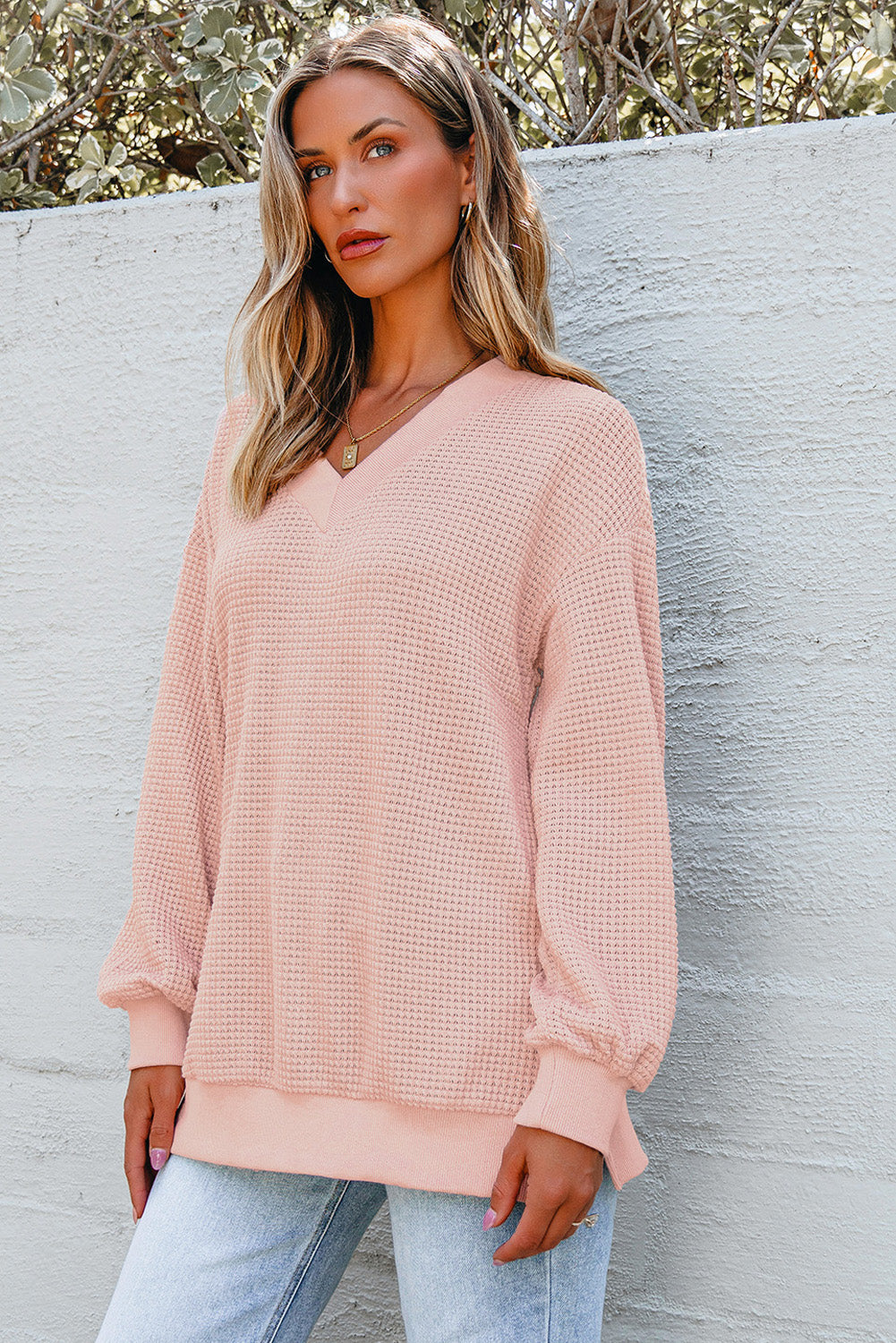 Fushia Thermal V Neck Relaxed Long Sleeve Knit Top