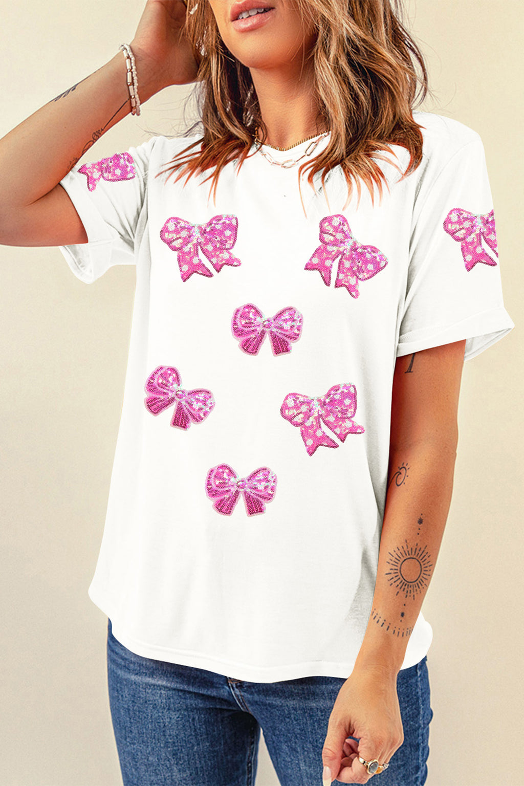 White Shimmering Bow Patched Pattern Valentine T Shirt