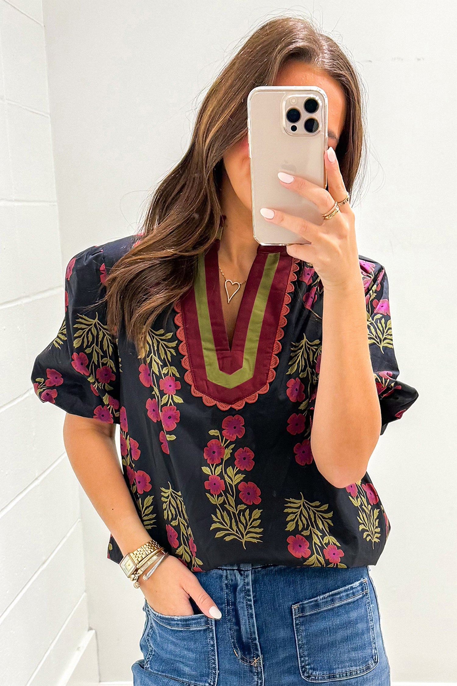 Black Floral Short Bubble Sleeve Contrast Slit Neckline Blouse