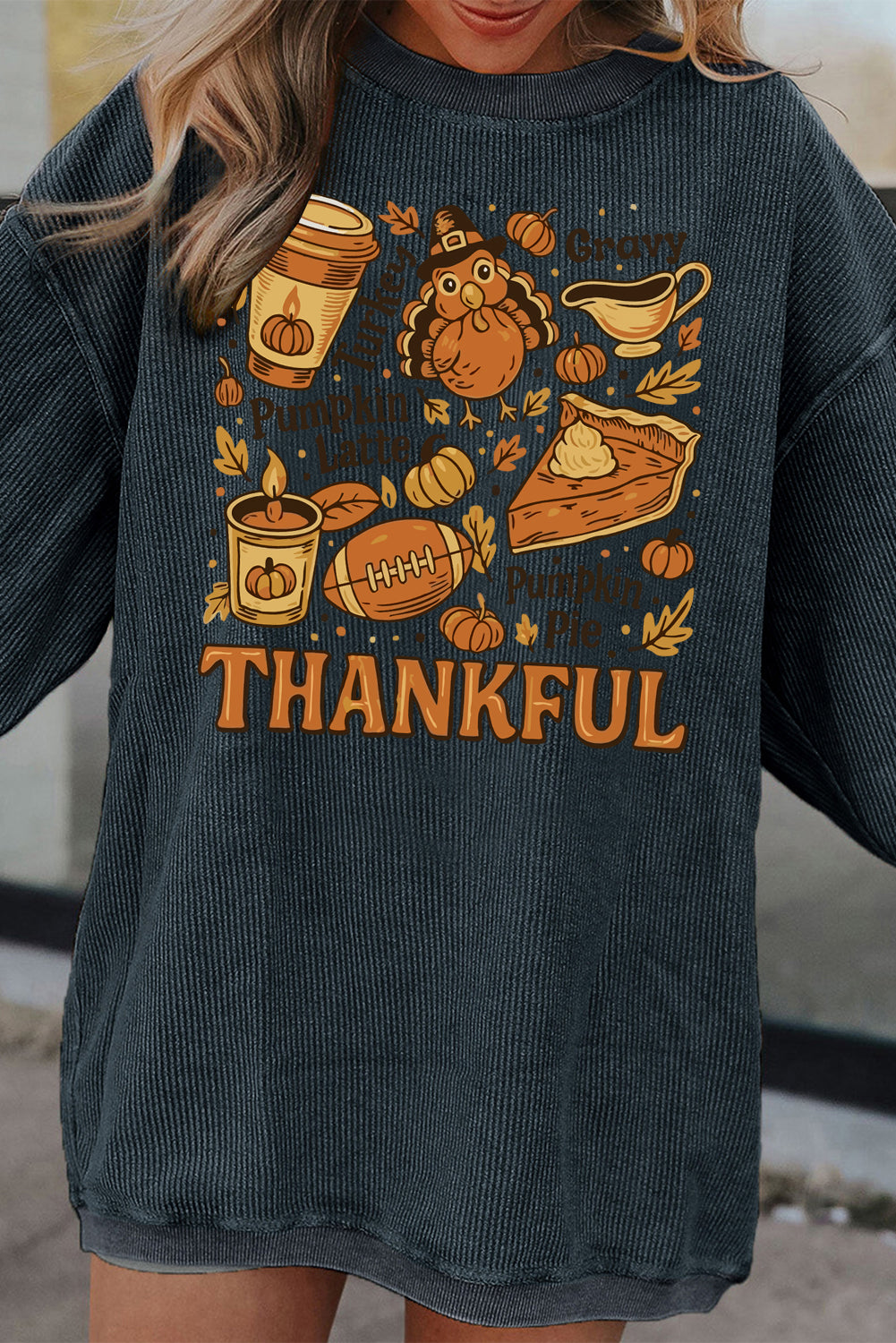 Dark Grey Twisted Ribbed THANKFUL Fall Fashion Heat Transfer Printing Baggy Sweatshirt