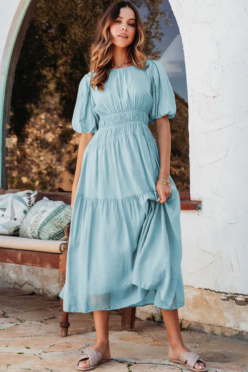 Light Blue Puff Sleeve High Waist Flowy Midi Dress