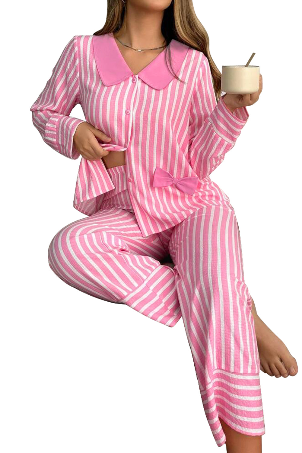 Pink Striped Sweet Bow Decor Peter Pan Collar Pullover Pants Pajama Set
