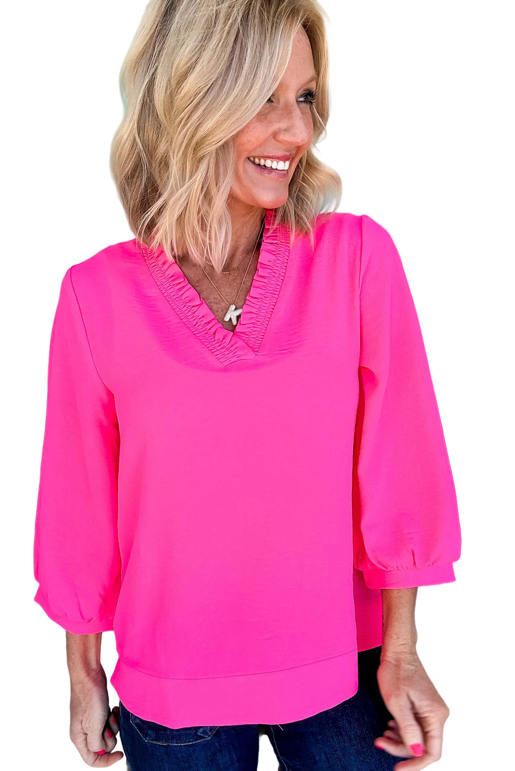 Bright Pink Frill V Neckline Puff Sleeve Crinkled Blouse