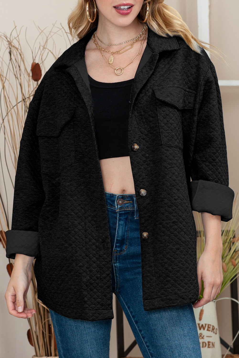 Veste matelassée à boutons et à rabat rétro à texture treillis grise