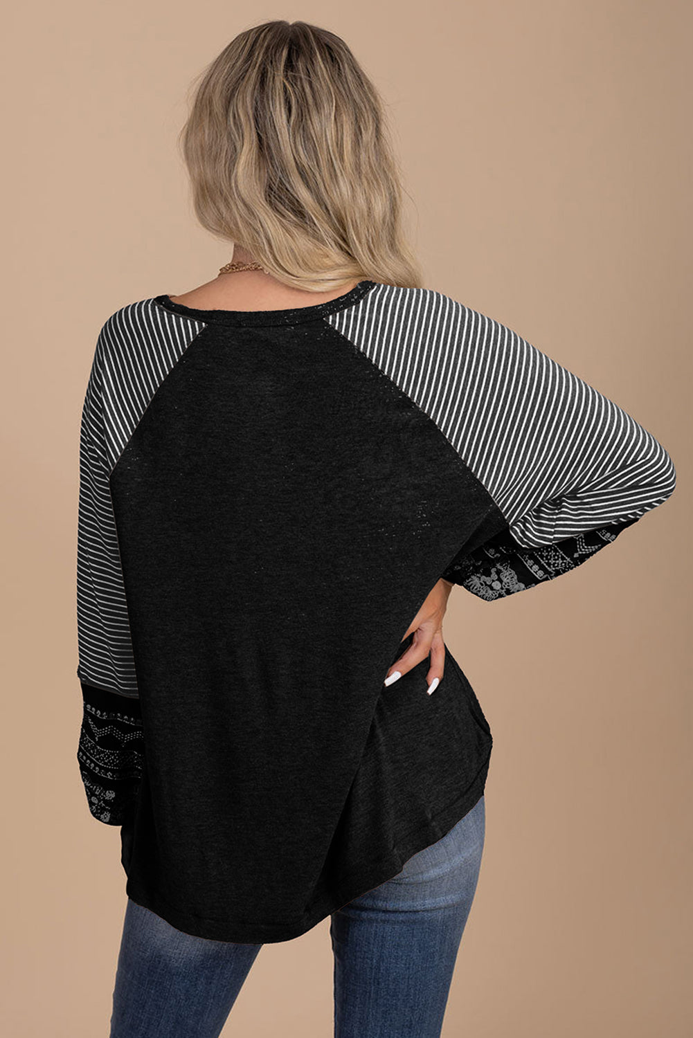 Medium Grey Contrast Print Striped Raglan Long Sleeve Loose Top