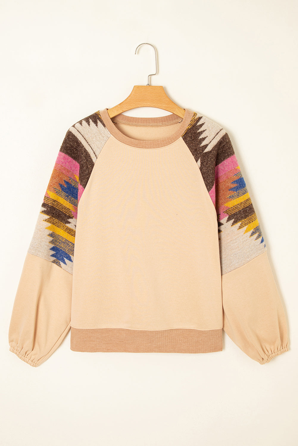 Sweat-shirt à manches raglan et patchwork géométrique beige clair