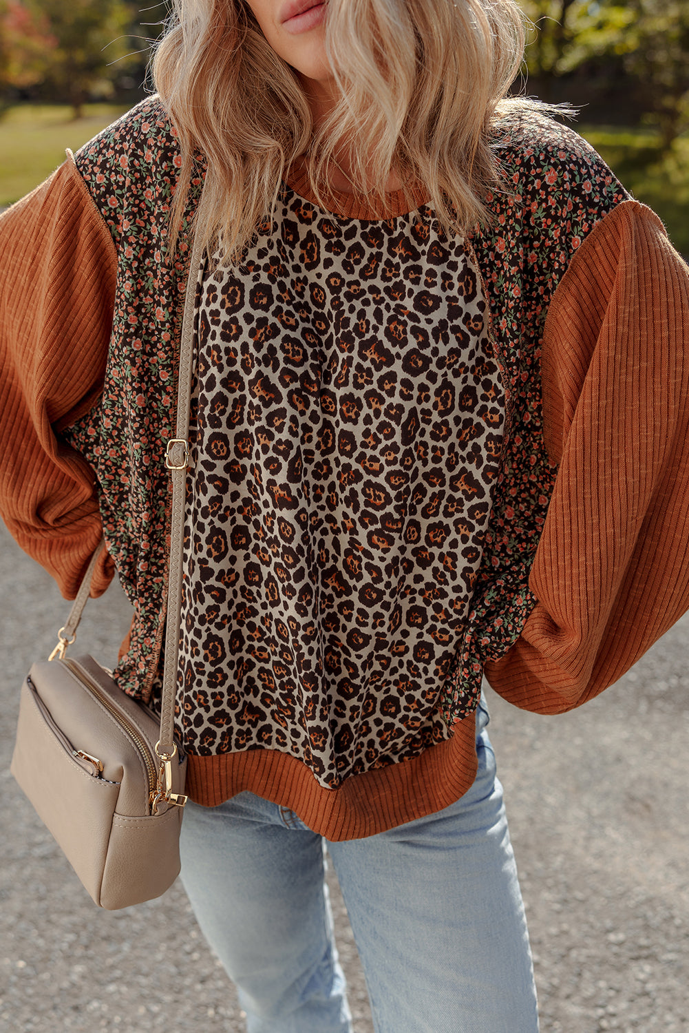 Brown Leopard Floral Print Ribbed Patchwork Puff Sleeve Loose Pullover
