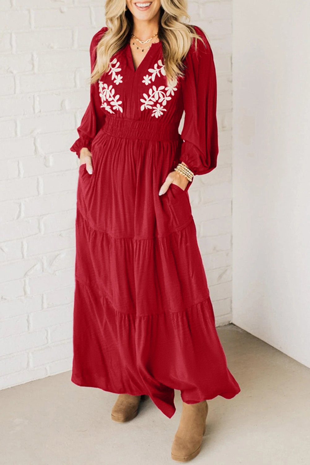 Racing Red Contrast Embroidered Detail Cinched Waist Tiered Long Sleeve Maxi Dress