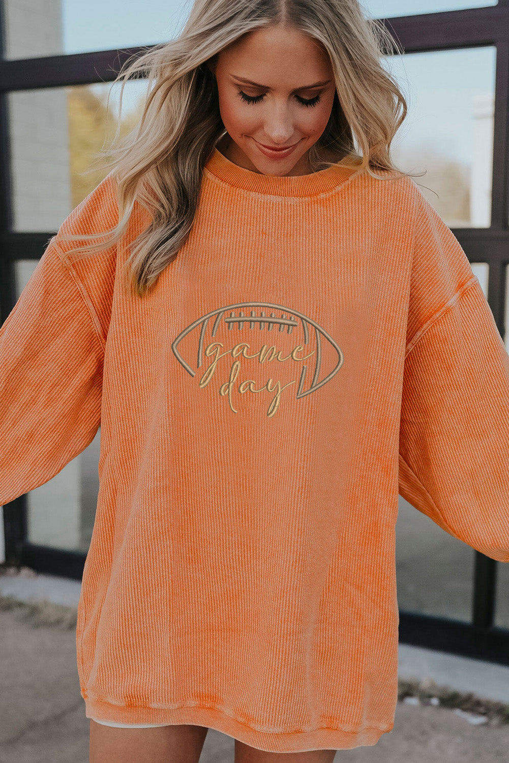 Orange Football Graphic Drop Shoulder Game Day Corded Sweatshirt