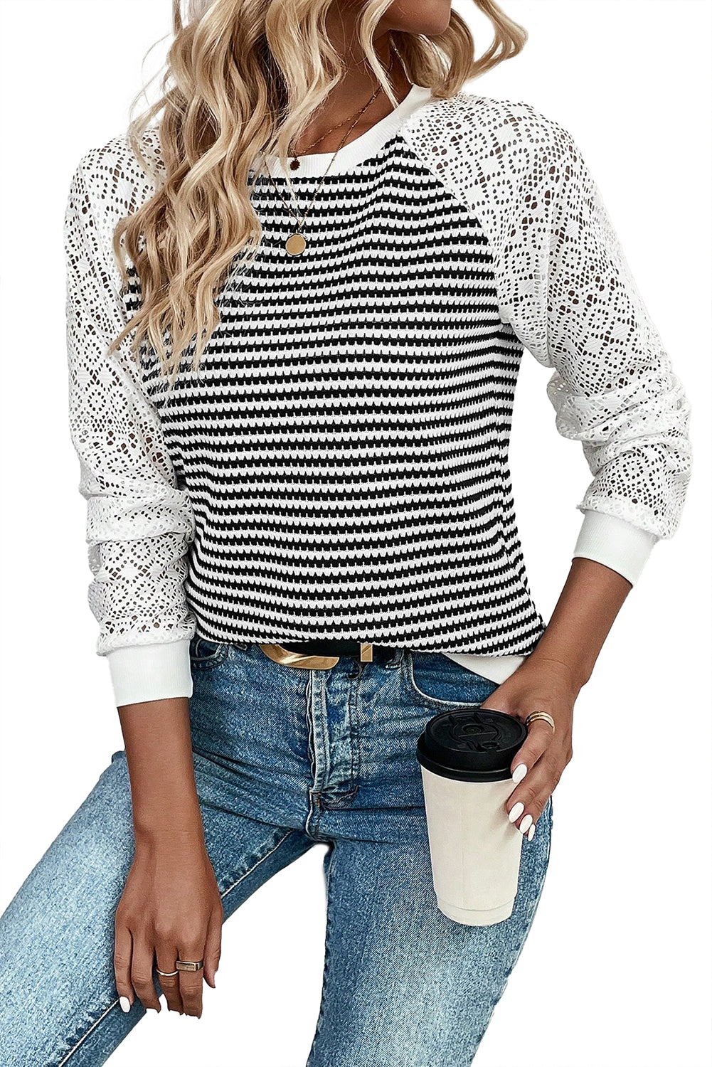 Black Stripe Textured Knit Patchwork Hollowed Lace Sleeve Top