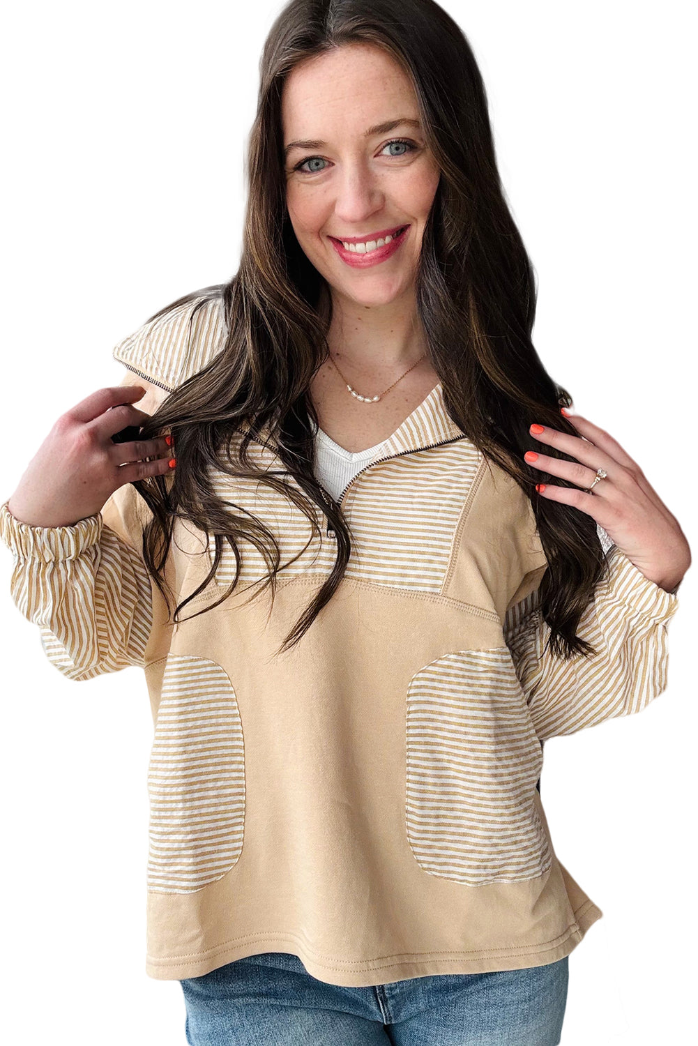 Smoke Gray Striped Patchwork Zip Collar Long Sleeve Top