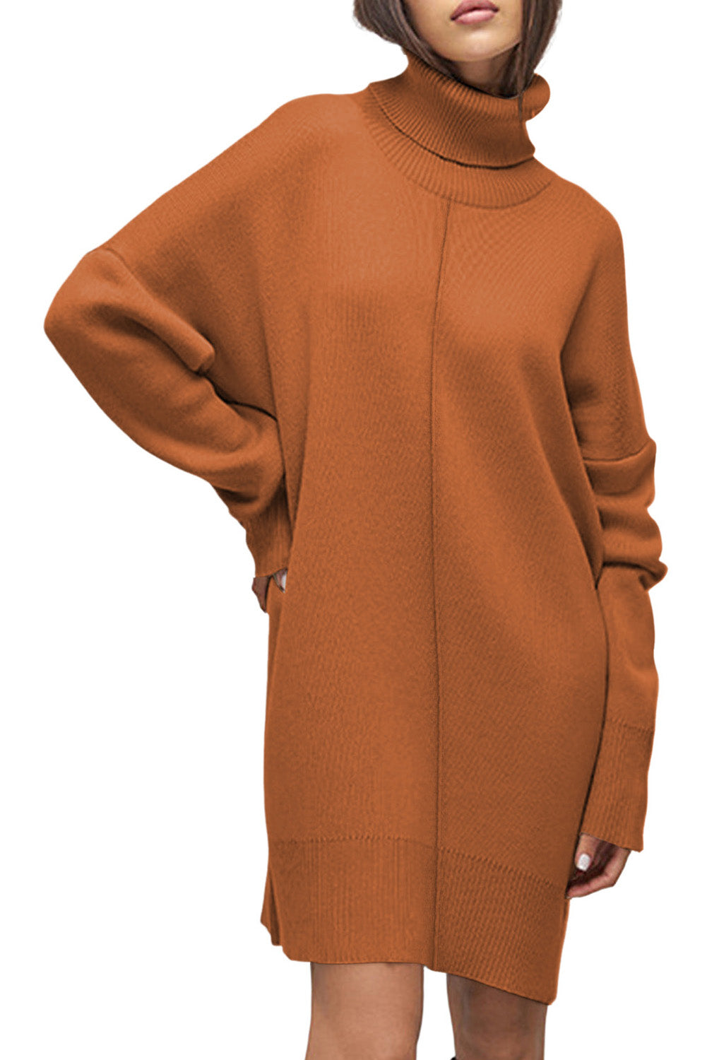 Gold Flame Solid Color Turtleneck Drop Shoulder Loose Sweater Dress