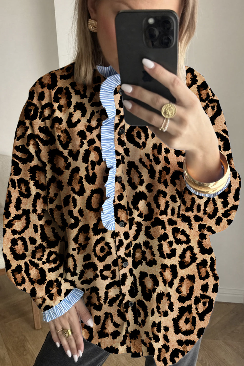 Brown Leopard Print Striped Frill Neck Button Long Sleeve Shirt