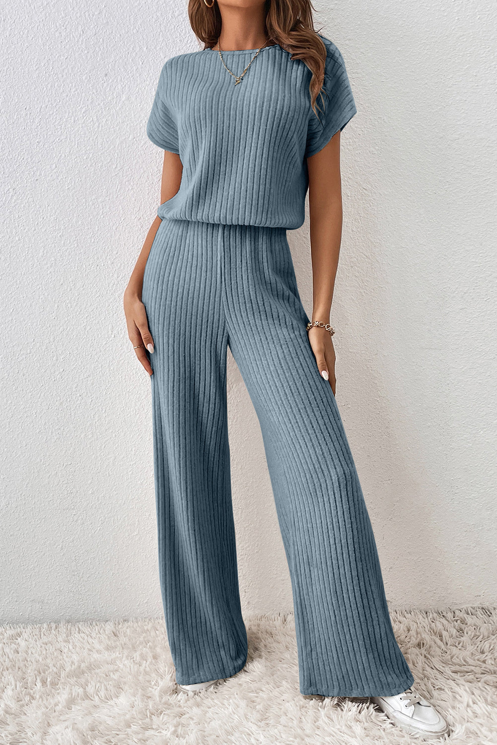 Dusk Blue Ribbed Keyhole Short Sleeve Wide Leg Jumpsuit