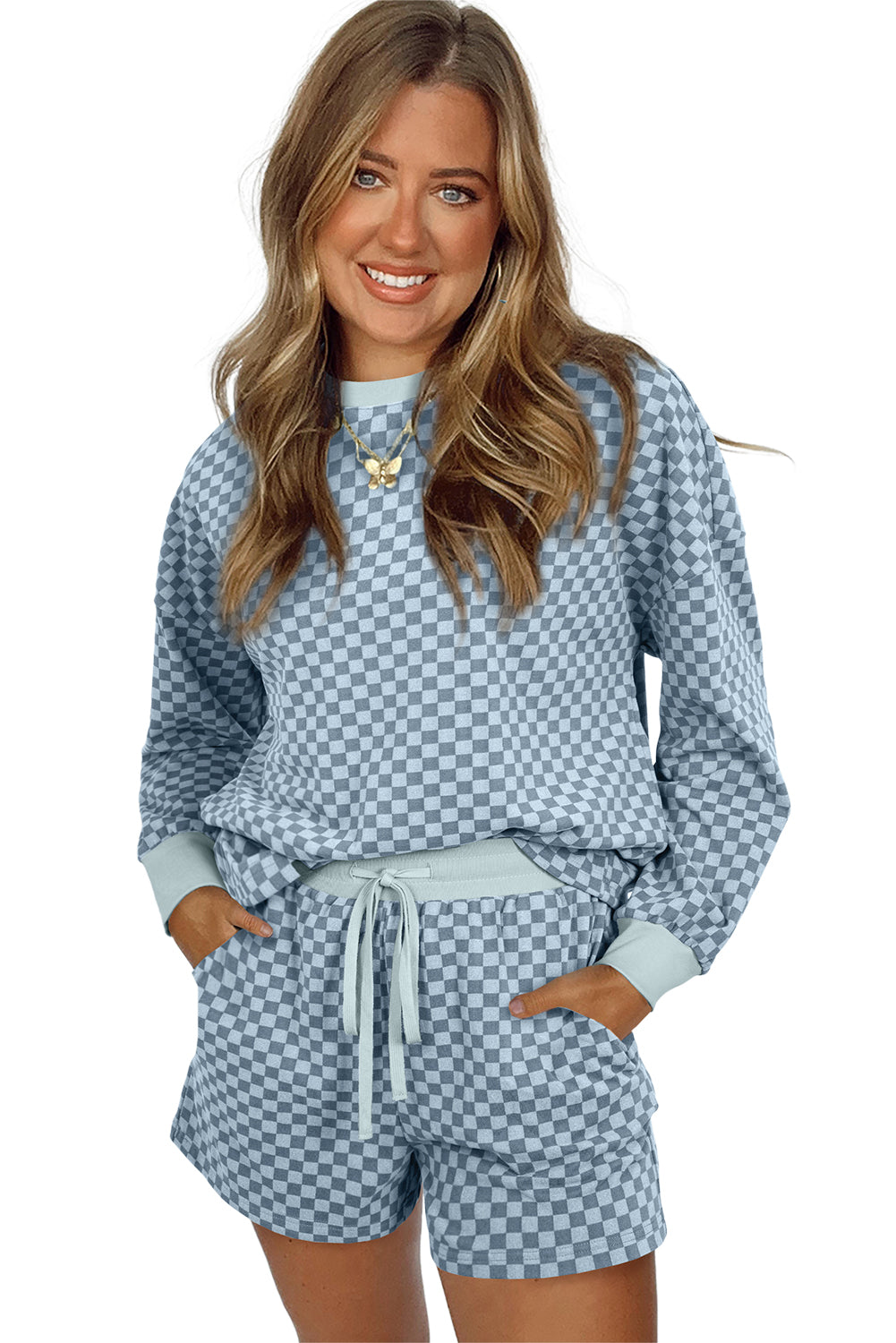 Sky Blue Checkerboard Contrast Trim Long Sleeve Pullover and Shorts Set
