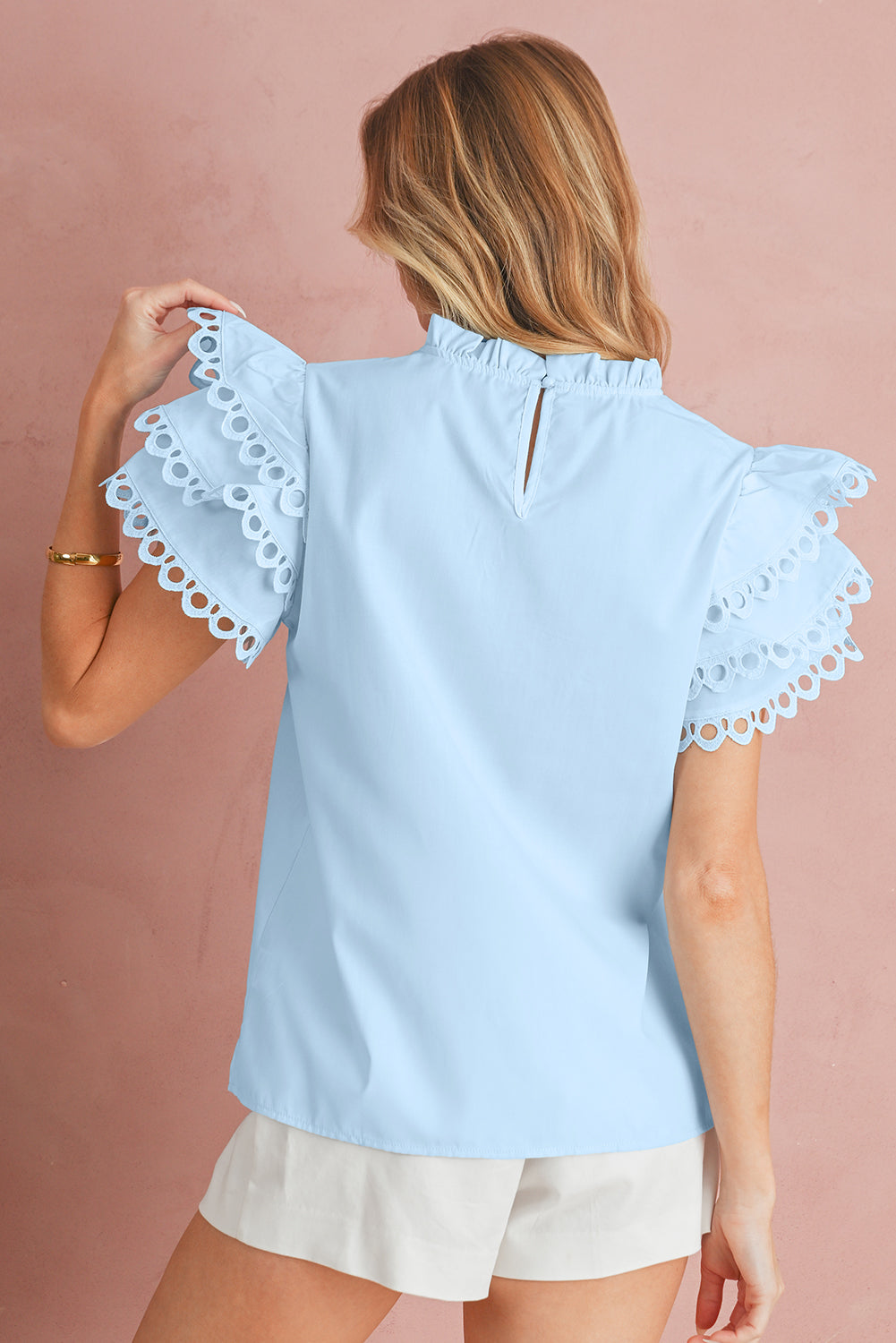 Beau Blue Layered Cap Sleeve Frill Neck Blouse
