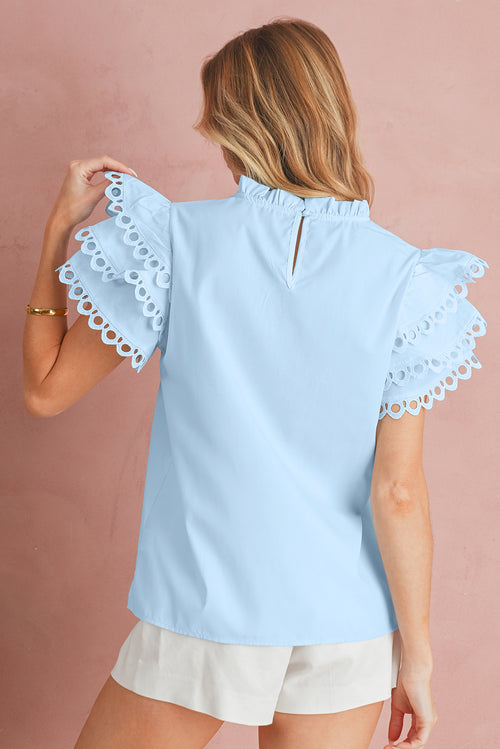 Beau Blue Layered Cap Sleeve Frill Neck Blouse