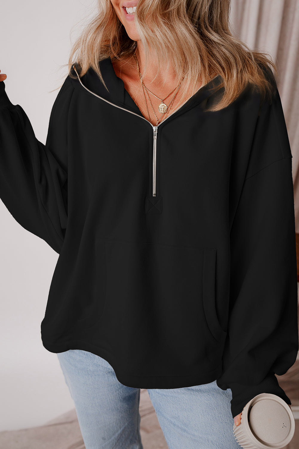 Orange Half Zipper Kangaroo Pockets Drop Shoulder Hoodie