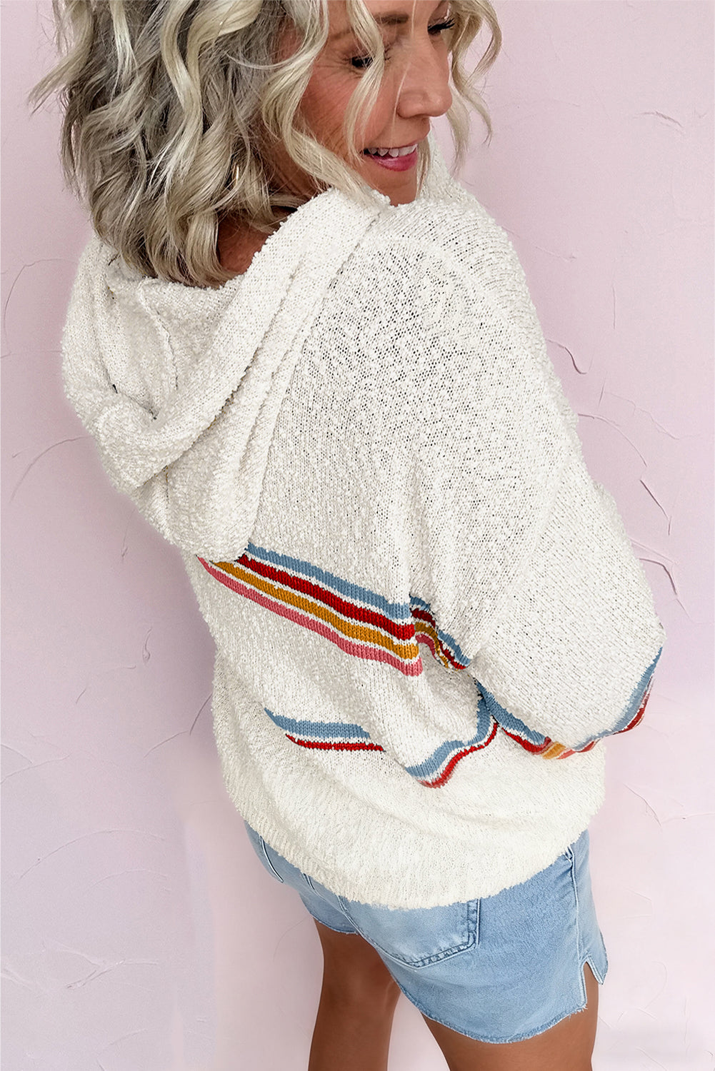 White Casual Striped Drop Sleeve Hooded Sweater