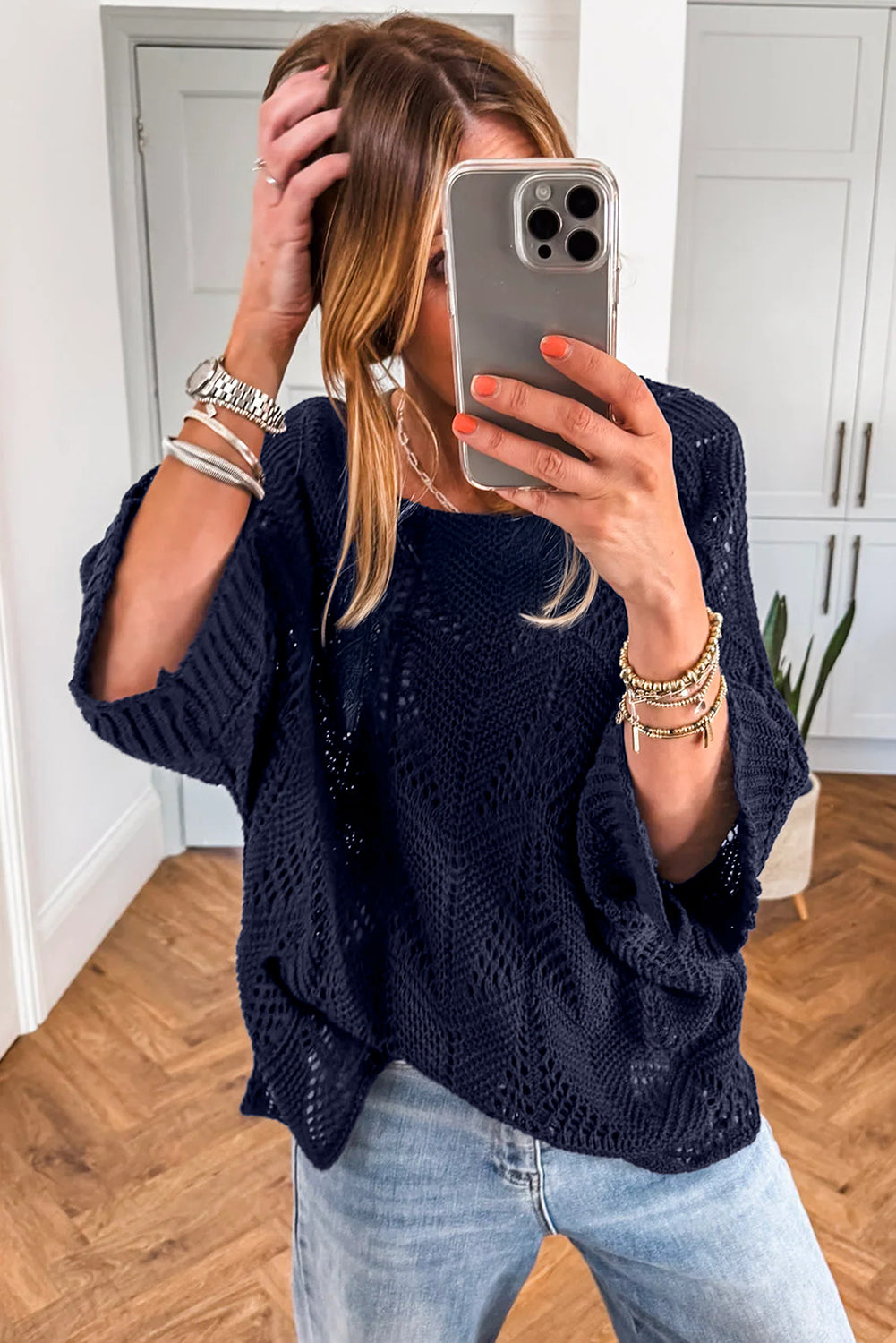 Navy Blue Hollow Out Knit 3/4 Sleeve Loose Sweater