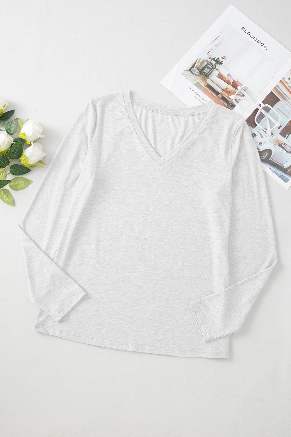 Smoke Gray Plain V Neck Long Sleeve Top