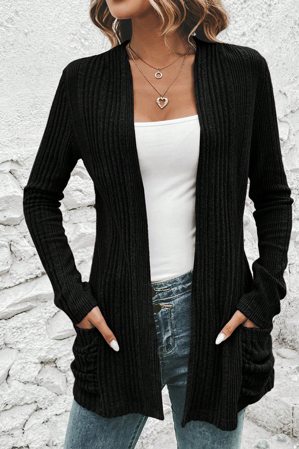 Black Ribbed Open Front Knitted Top with Pockets