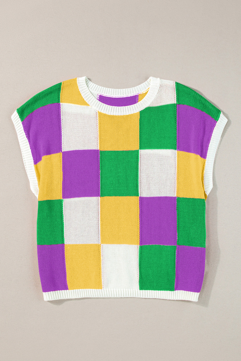 Fiery Red Checkered Color Block Cap Sleeve Knitted Top