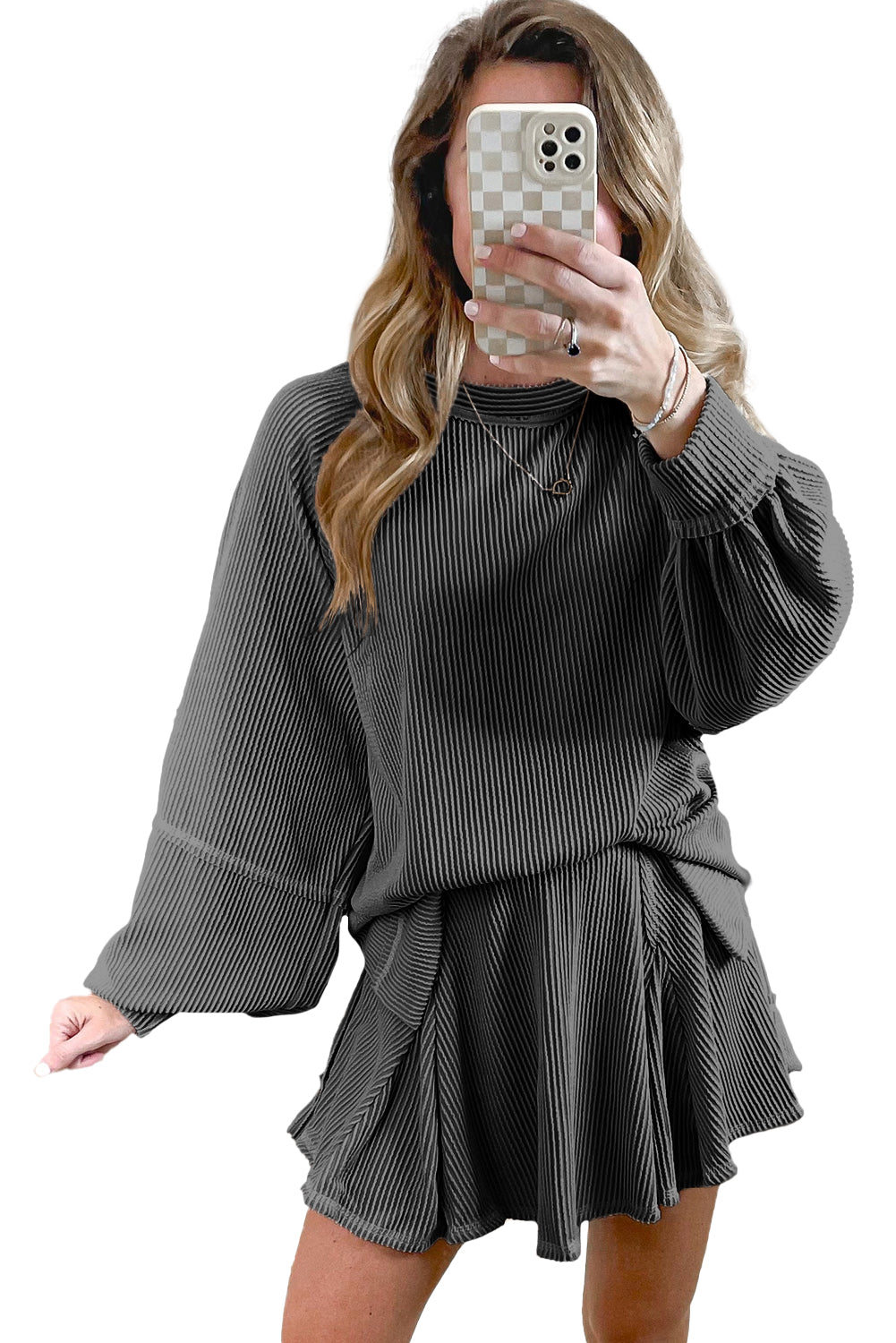 Dark Grey Corded Bishop Sleeve Pullover and Ruffle Mini Skirt Set