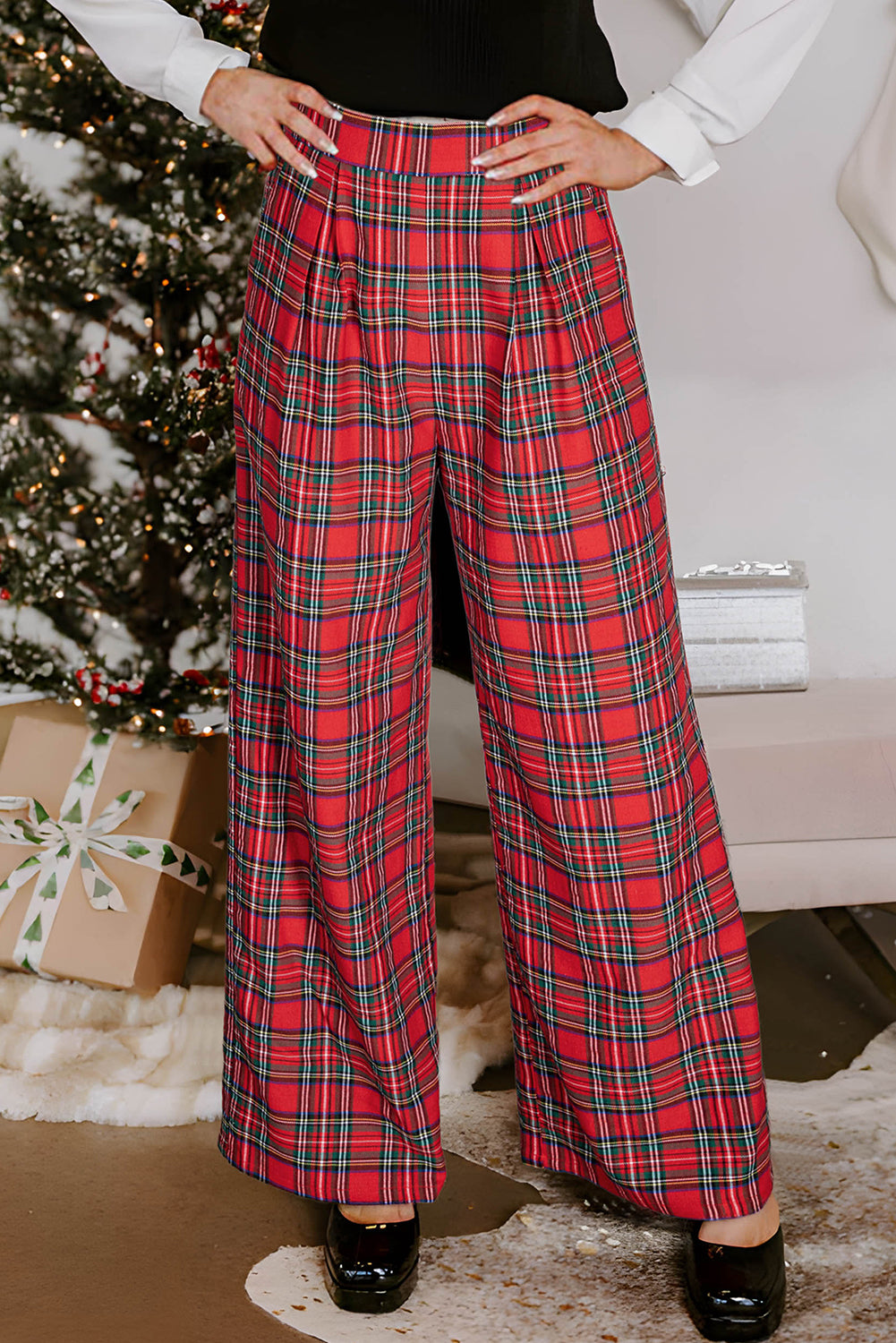 Pantalones de pierna ancha a cuadros rojos navideños