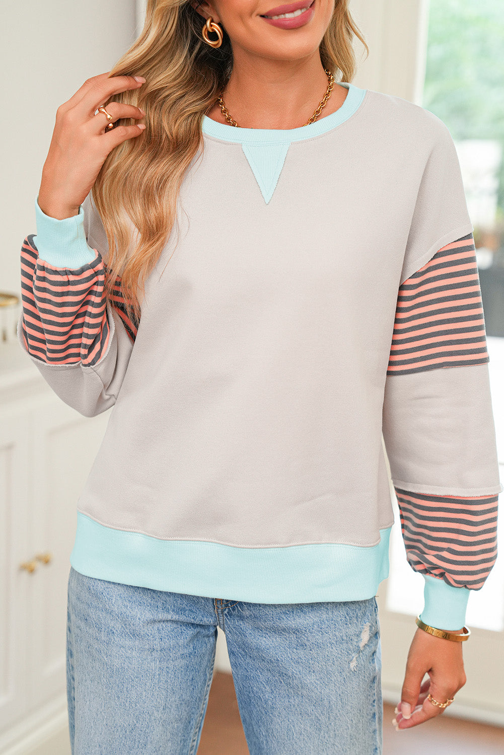 Parchment Colorblock Patchwork Striped Sleeve Sweatshirt
