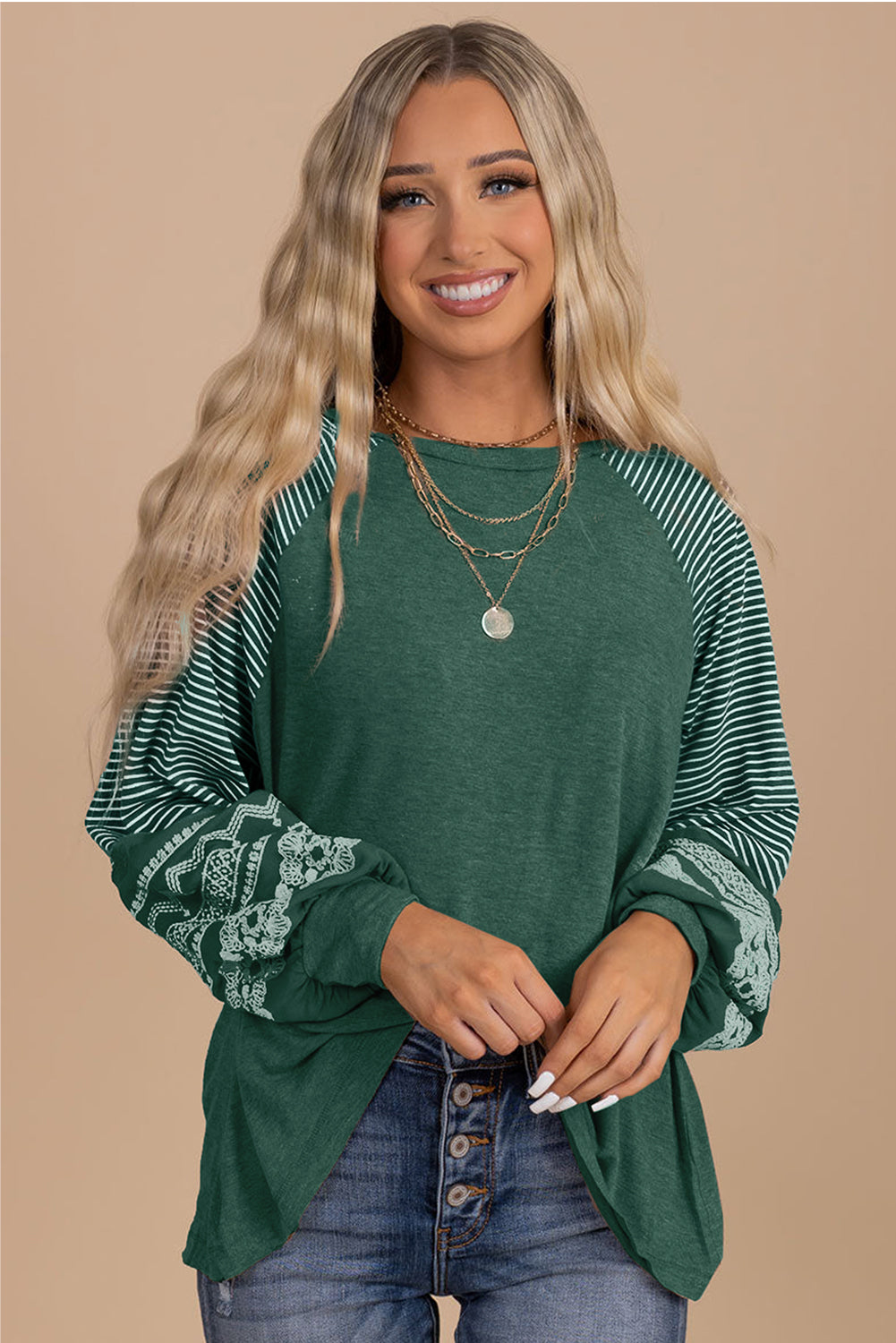 Medium Grey Contrast Print Striped Raglan Long Sleeve Loose Top