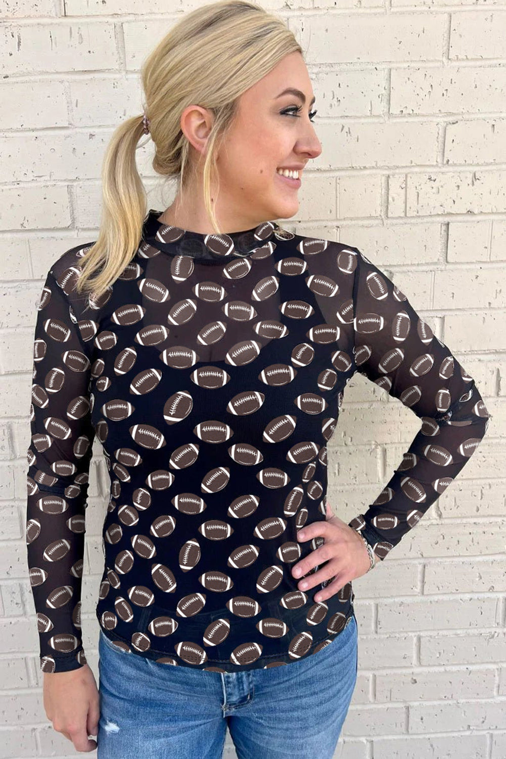 Top de manga larga transparente de malla de fútbol rojo para el día del partido