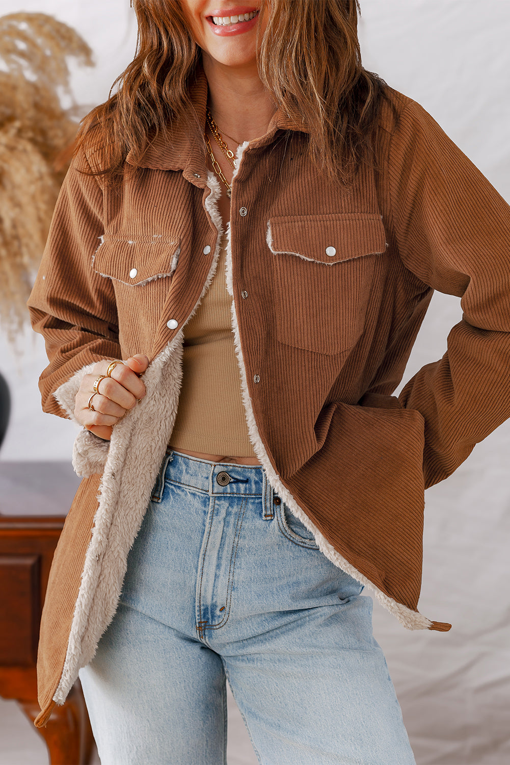 Cinnamon Fleece Lined Buttoned Flap Pockets Corduroy Jacket