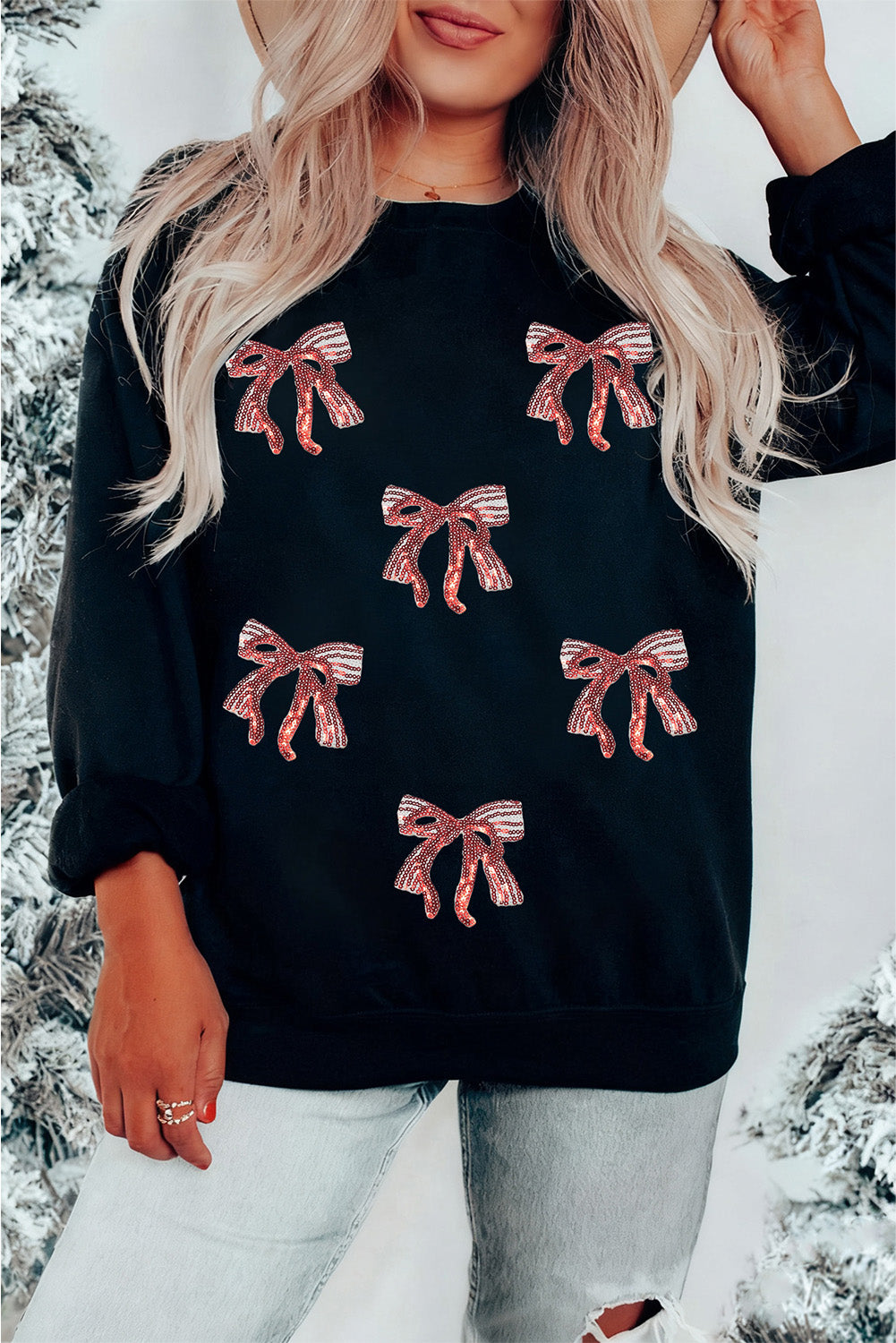 Black Christmas Fashion Sequin Ribbon Bow Patched Drop Shoulder Sweatshirt