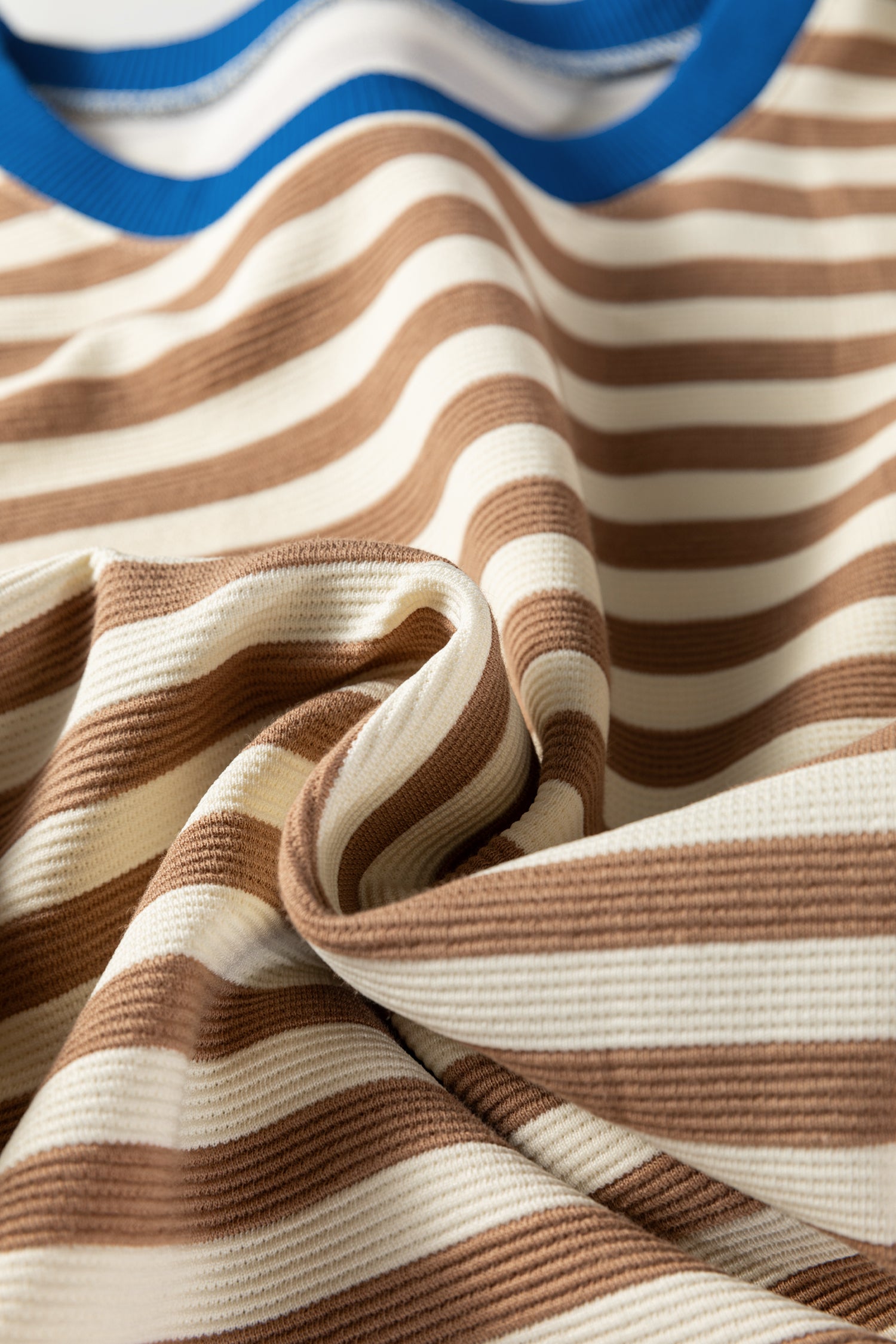 Brown Stripe Short Puff Sleeve Contrast Trim Round Neck Tee