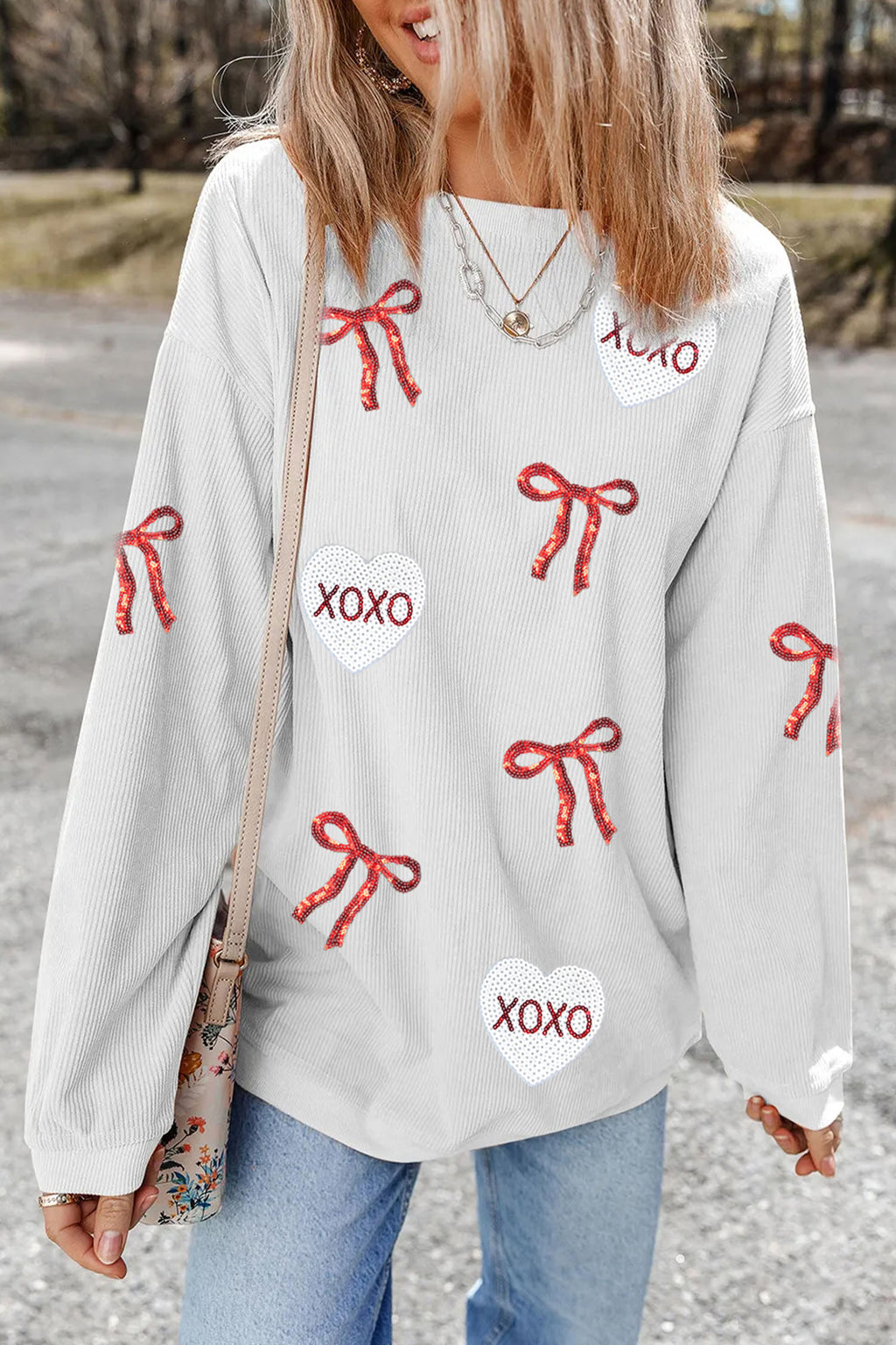 White Sequin Ribbon Bow XOXO Heart Patched Corded Rib Pullover Sweatshirt