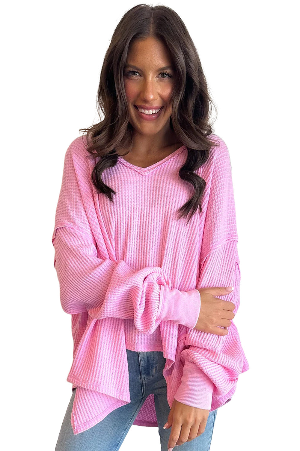 Top oversize con cuello en V y textura de gofre rosa