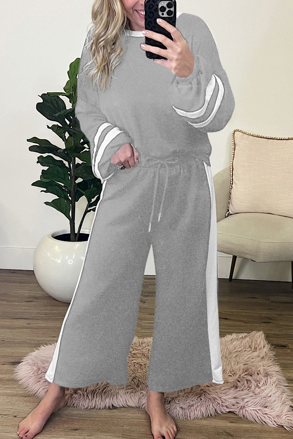 Gray Contrast Trim Long Sleeve Pullover and Pants Set