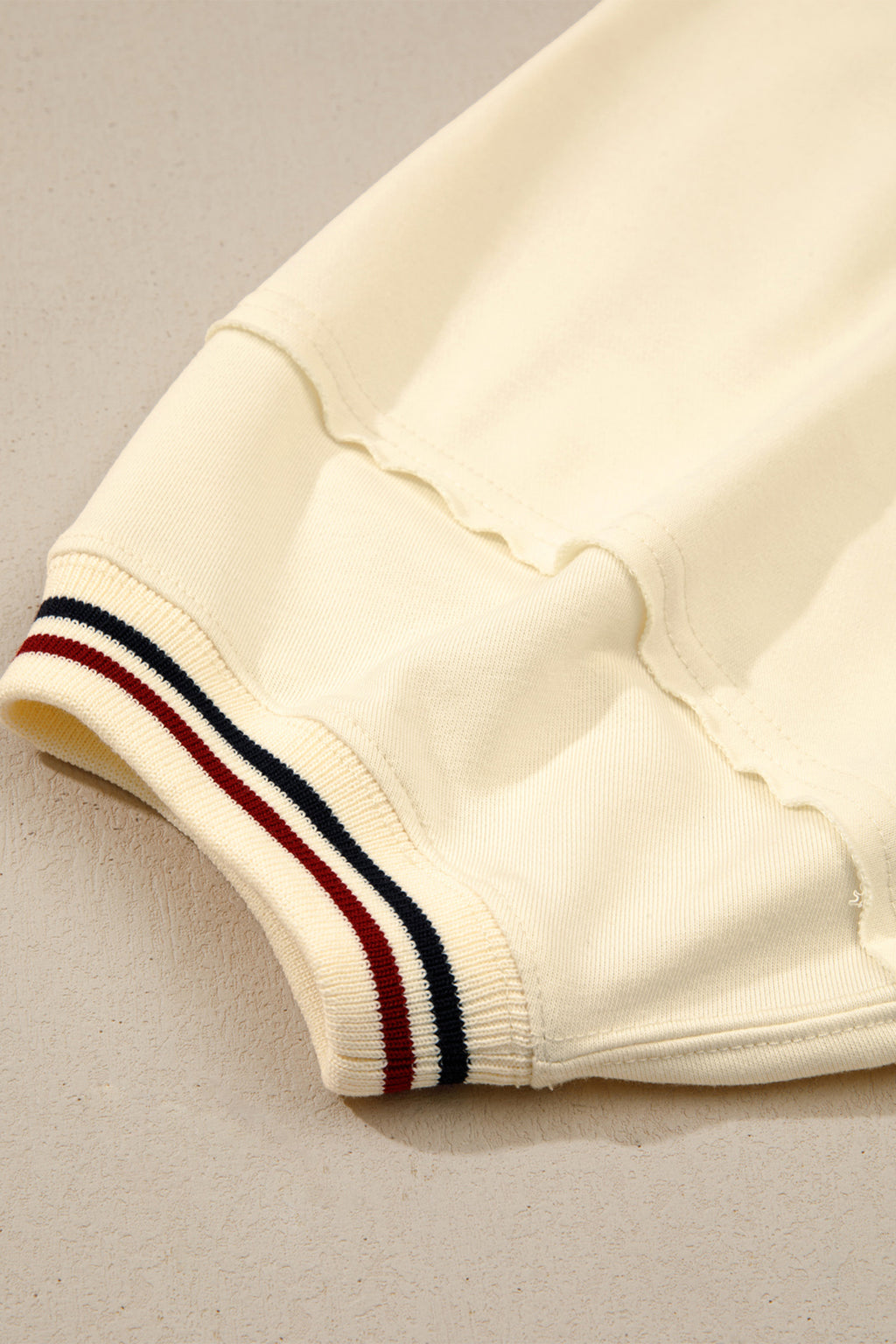 Beige Contrast Varsity Striped Neckline Cuffed Short Sleeve Loose Tunic Top