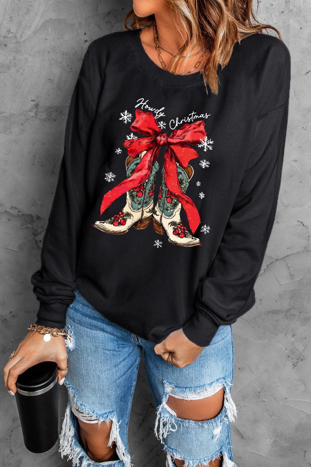 Black Howdy Christmas Ribbon Bow Knot Western Boots Graphic Sweatshirt
