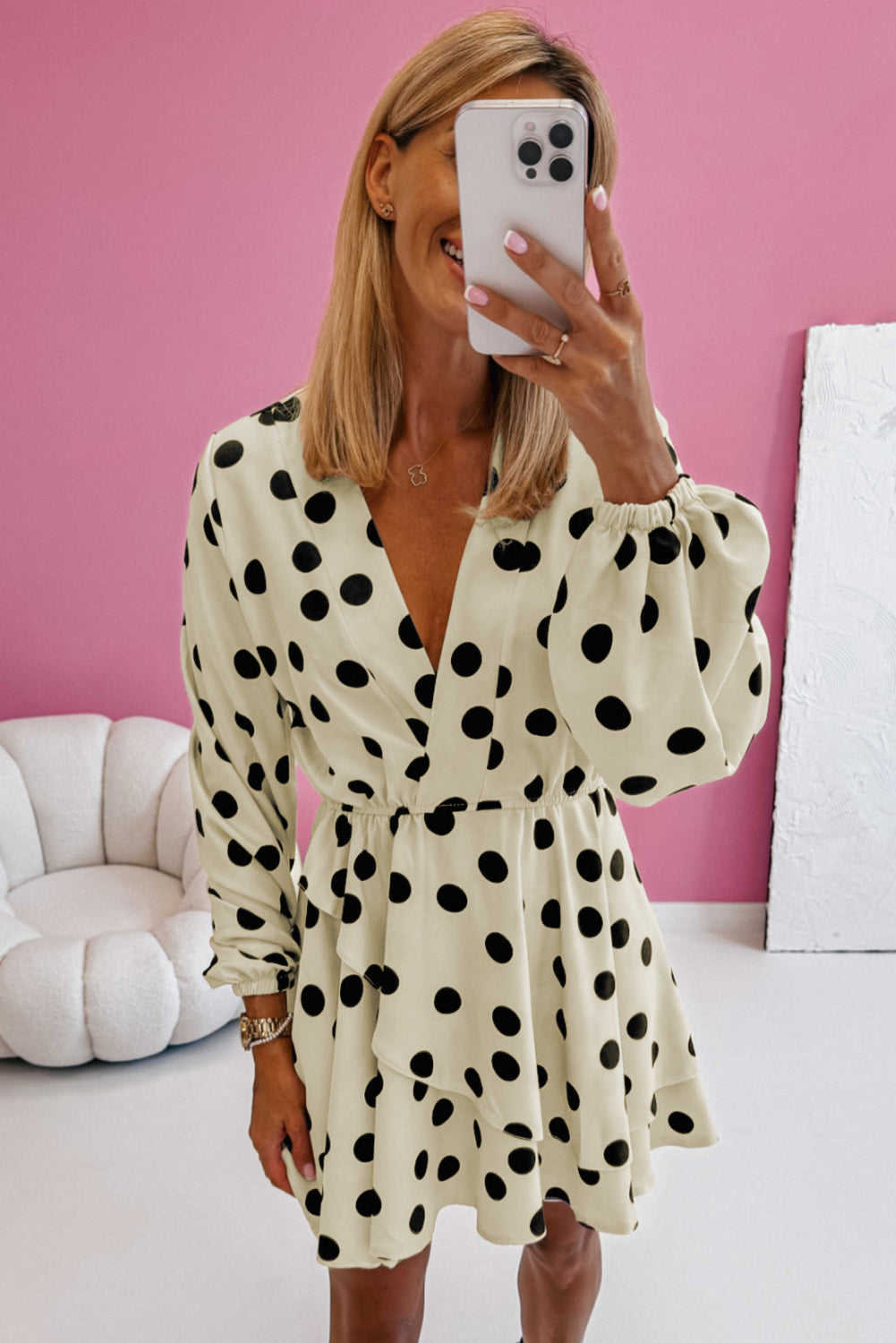 Beige Polka Dot Print Surplice V Neck Puff Sleeve Mini Dress