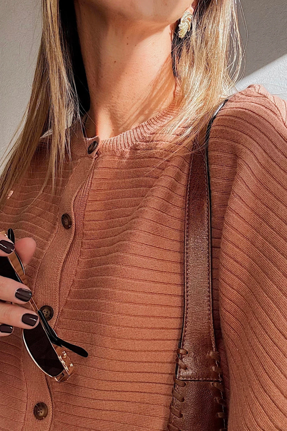 Cardigan à manches dolman boutonnées en tricot côtelé rose abricot